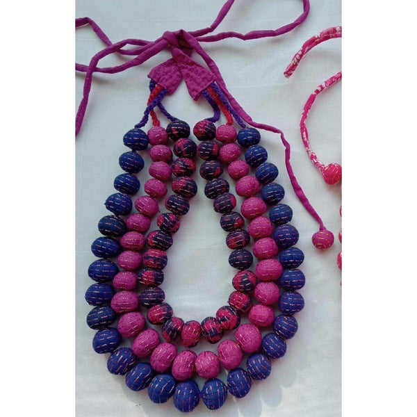 NECKLACE:  "JENWUI" Triple strand of Kantha Stitched Beads  Handmade in cotton
