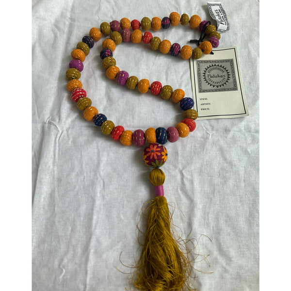 NECKLACE: Embroidered Beads with Silk Tassel, 28 inch Opera Length. Five Colors