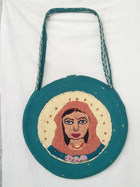 Shoulder Bag: Devi Goddess & Women of Wisdom, hand embroidery sewn on coiled jute, locking closure
