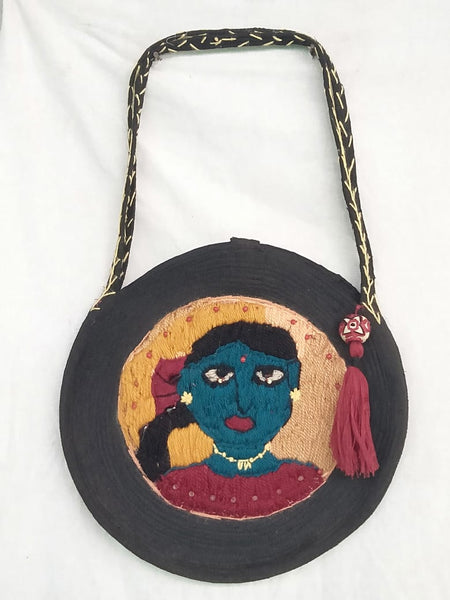 Shoulder Bag: Devi Goddess & Women of Wisdom, hand embroidery sewn on coiled jute, locking closure