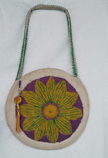 Shoulder Bag: Flower-embroidered coiled jute  with a locking closure