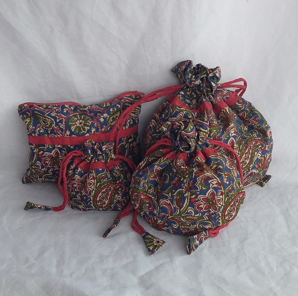 Round Pouches set of three in Block print design upcycled fabric