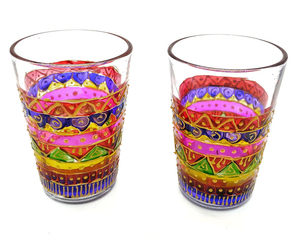 Meenakari:  Hand painted Glass Tea Candle Holders, Handpainted by Warli painters,  in bright colors for festive season, diwali diya home decor lights