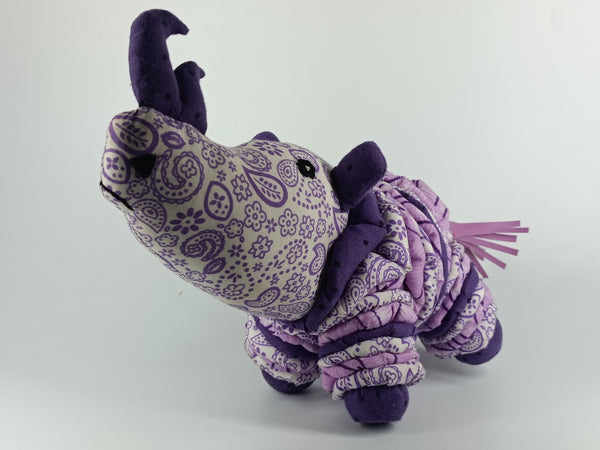 SOFT TOY:  Wild Adult Rhino handmade from yo yo flowers in shades of magenta & purple