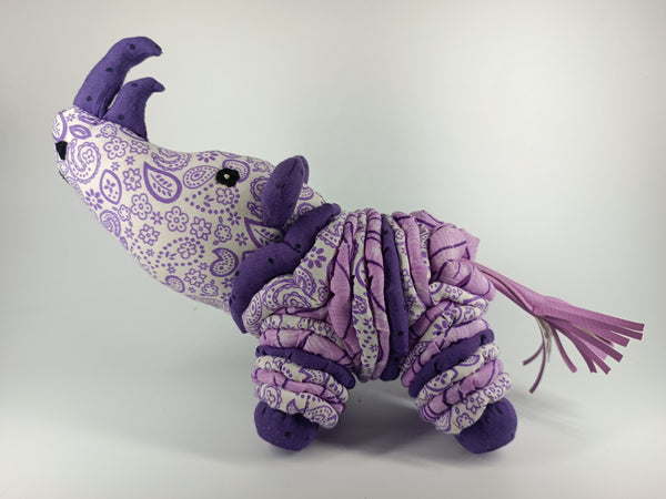 SOFT TOY:  Wild Adult Rhino handmade from yo yo flowers in shades of magenta & purple