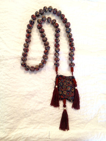 NECKLACE: FABRIC BEAD MALA with flower satchel