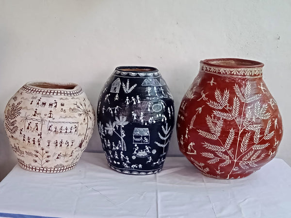 Warli Art:  Handpainted Baskets (II) of Jute and Paper Mache, Rounded Vase Like