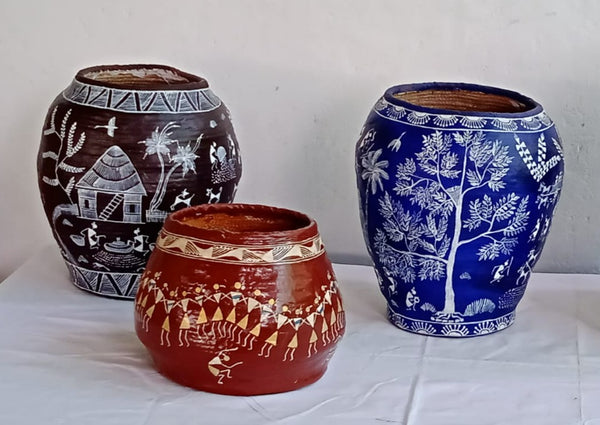 Warli Art:  Handpainted Baskets (II) of Jute and Paper Mache, Rounded Vase Like