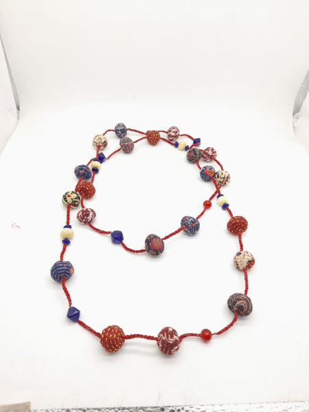 NECKLACE: Handmade Beads, Kantha Embroidery with stone or glass beads, Opera Length, 28 inch drop