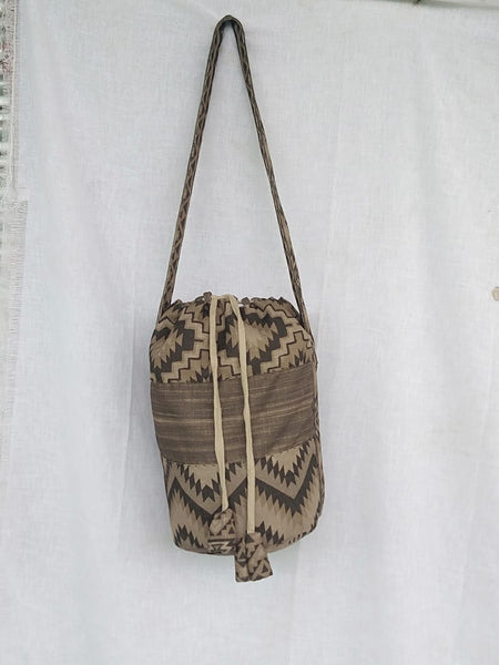 Shoulder Bag:  Bucket Bag in Southwest Motif  upcycled Indian designer fabric , drawstring closure
