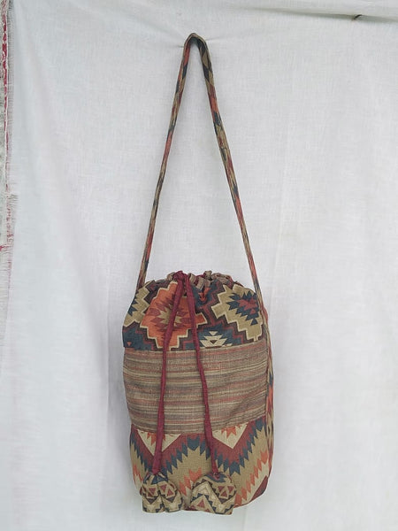 Shoulder Bag:  Bucket Bag in Southwest Motif  upcycled Indian designer fabric , drawstring closure