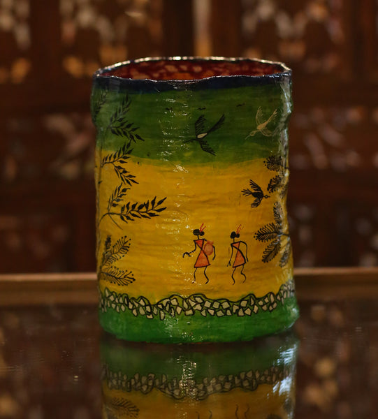Warli Art:  Handpainted Baskets PEN HOLDERS of Jute and Paper Mache