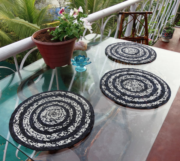 Special Sale : Pair of Placemat Black and White,  Hand made with jute fiber & Upcycled Cotton Indian Fabric