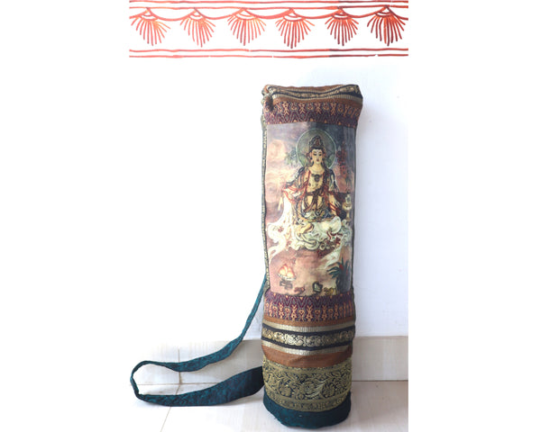 Yoga Mat Bag: Kuan Yin Center, with Fancy Indian Fabric, Contemporary Design, Colorful Patchwork, full side zip, pocket