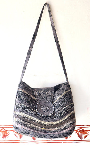 Shoulder Bag:  Contemporary Handbag Grey colour, coiled fabric,  for travelling, office shoulder bag with long shoulder strap and magnetic closure