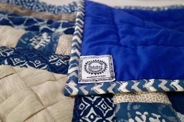 Quilt Made to Order:   Woven Center & side in shades of Blue, Grey and Creme