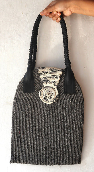 Tote: Contemporary Handbag Black & white, coiled fabric, Arching shape, vegan leather handle for travelling, office shoulder bag
