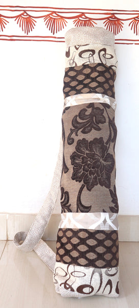 Yoga Mat Bag: Beige Brown, Contemporary Design, Fancy Indian Fabric, full side zip, inside pocket