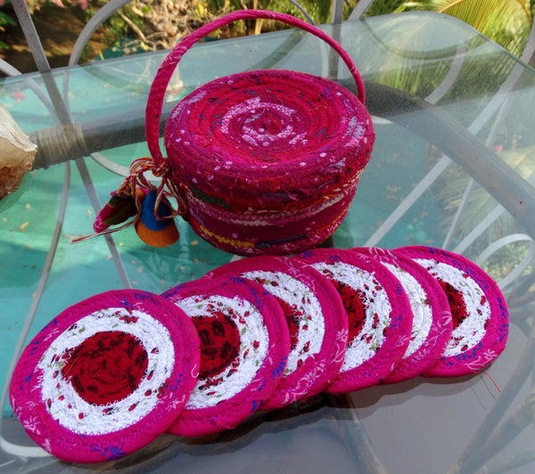 Placemats for Valentines' Day:  Candy-Pink & White  Coasters in Basket, Set of six